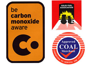 Carbon monoxide awareness logo, solid fuel association logo, approved coal merchant logo